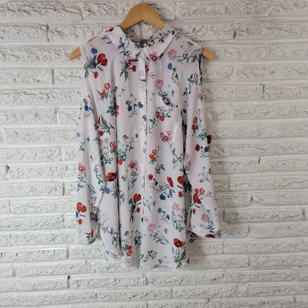 Valerie Stevens Women's XL Floral Top Cold Shoulder Button Up Sheer Blouse Trave